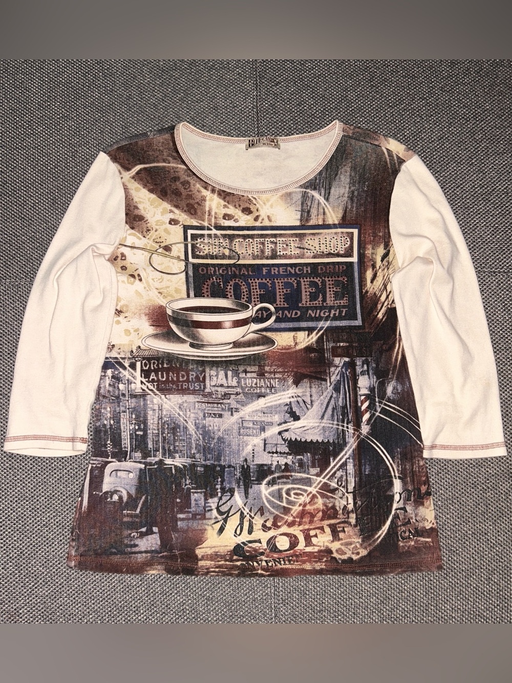Graphic Coffee-Print Long Sleeve Top - White and Brown